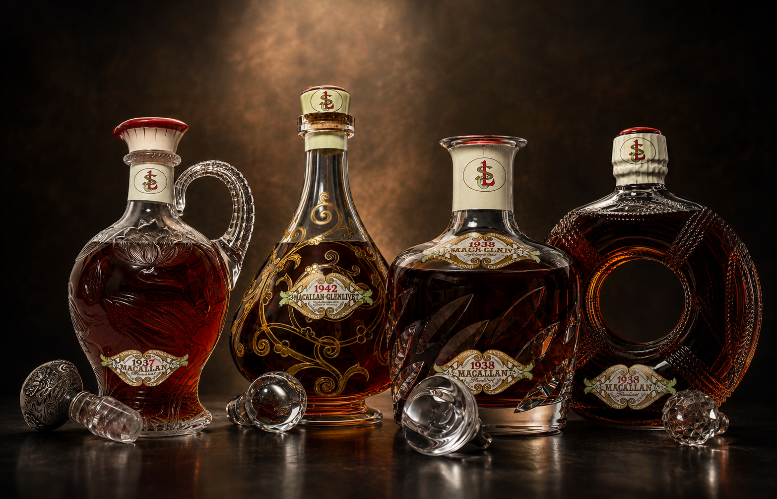 The Luxury Spirit Company collection — 1937, 1942 and 1938 crystal decanters